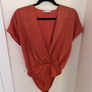 ZARA Low Cut Orange BodySuit Top Silky Fabric